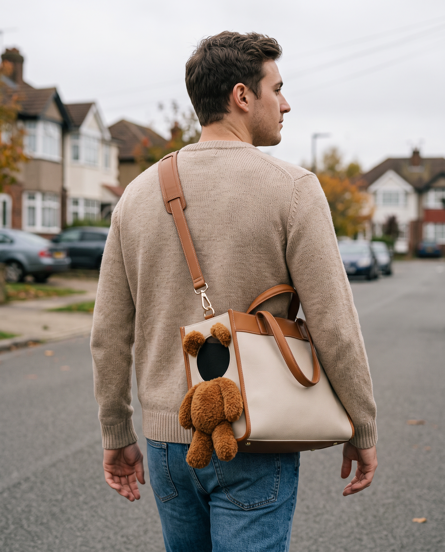 Man wearing the Bear Peek Carrier across his body on a neighbourhood street