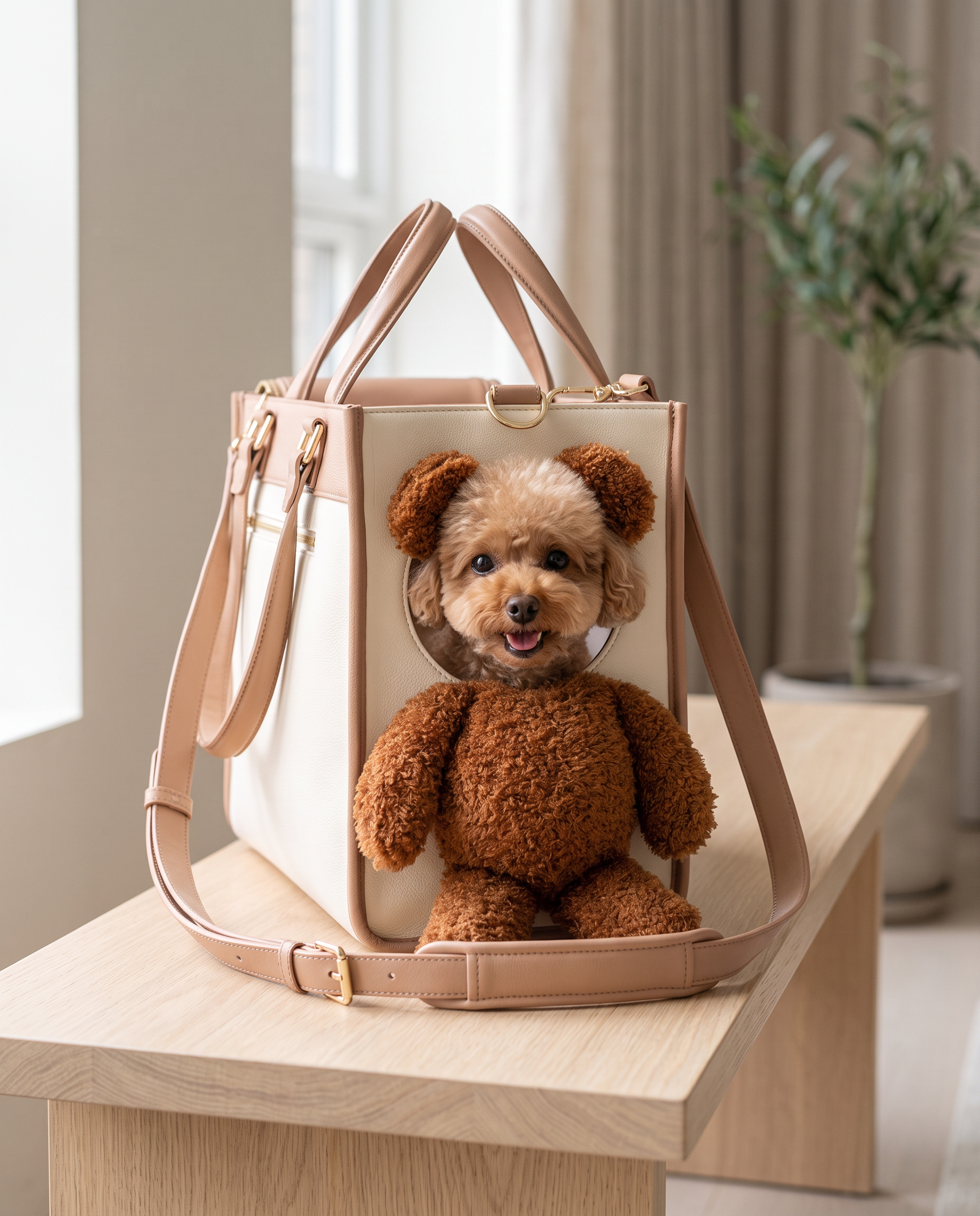 Small poodle sitting inside the Bear Peek Carrier on an oak bench in a bright apartment