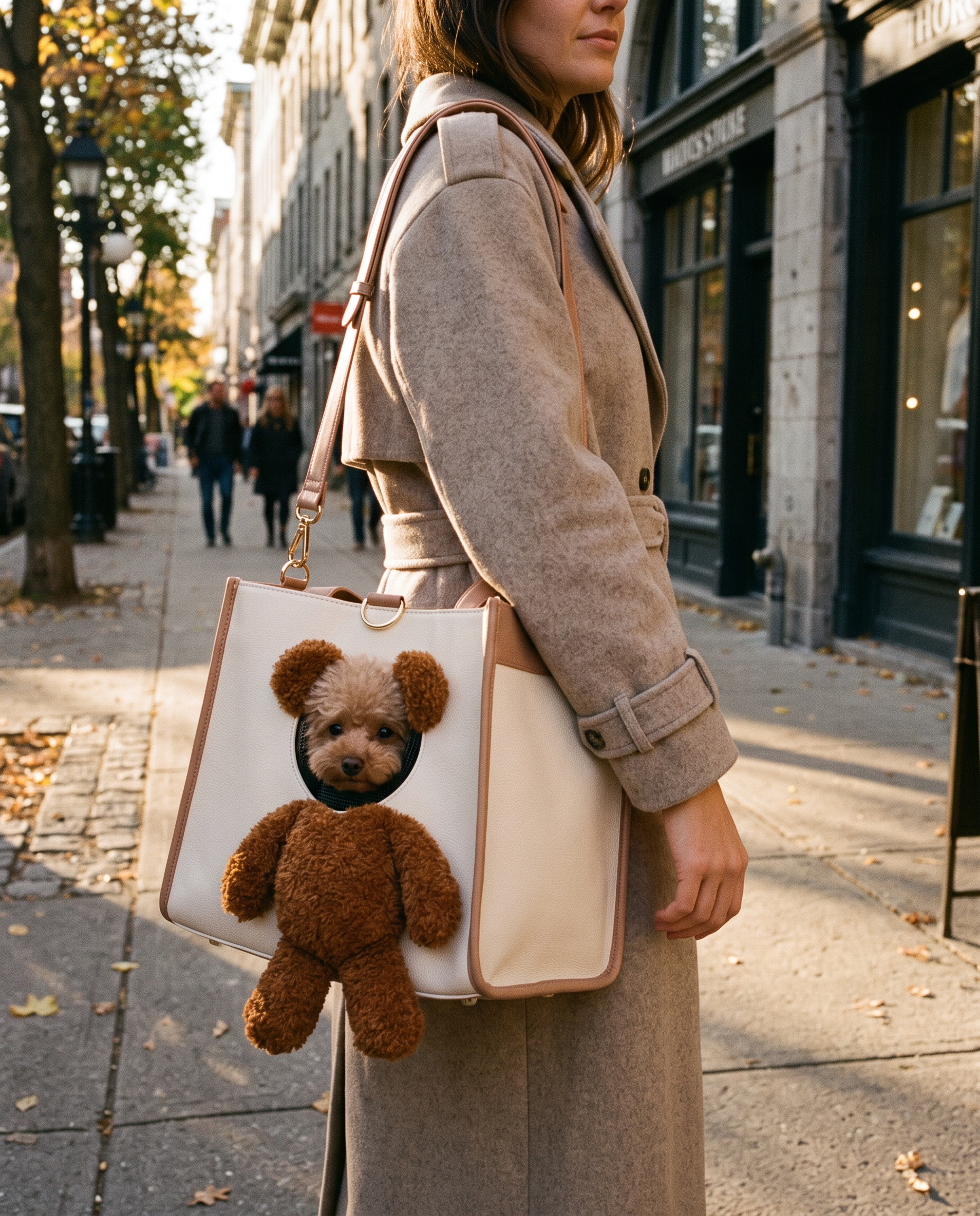 Woman walking a tree-lined city sidewalk with her dog in the Bear Peek Carrier
