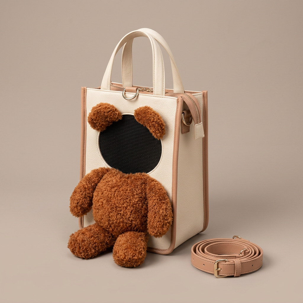 Studio three-quarter view of the Bear Peek Carrier with its adjustable shoulder strap